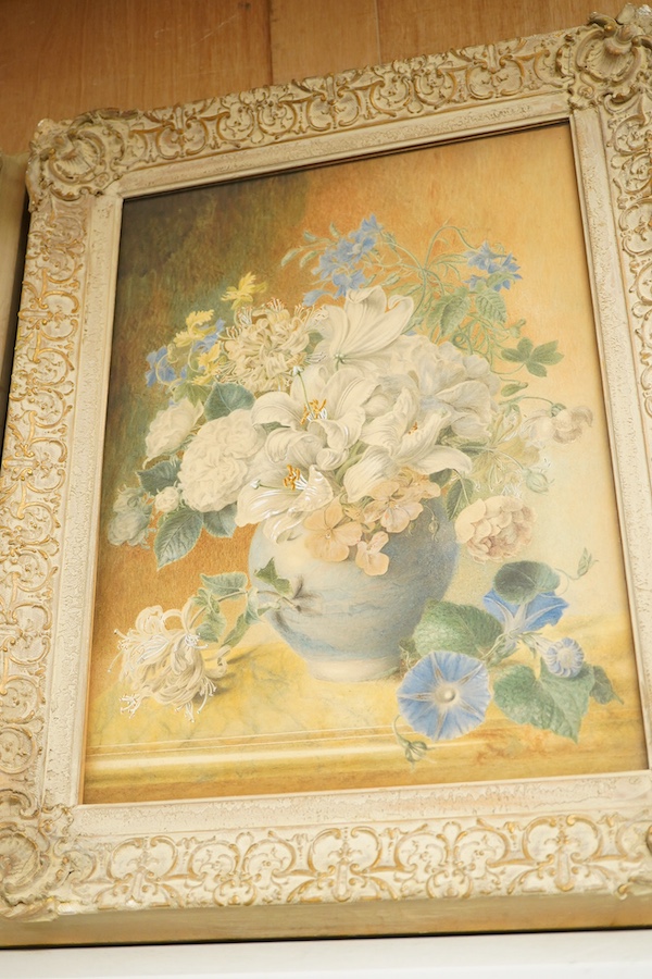 Late 19th century, English School, Still lifes of fruit and flowers, unsigned, pair of watercolours heightened with white, 41 x 30cm, ornately framed